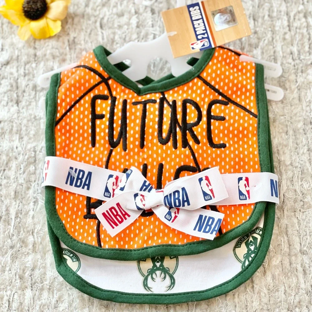 New w/tags NBA BUCKS 2Pack BIBS “FUTURE BALLER” on one, other is MILWAUKEE BUCKS